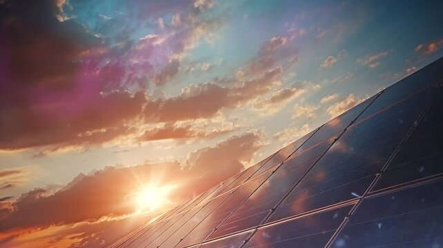Solar Panel scene at cloudy sunset, animated virtual repeating seamless 4k