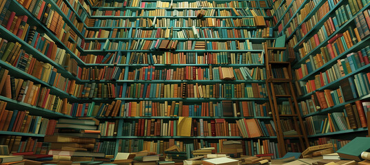 Vibrant full frame bookshelves filled with intellectual knowledge