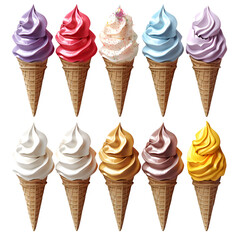 A vibrant 3D animated cartoon render of colorful gelato cones in various flavors.
