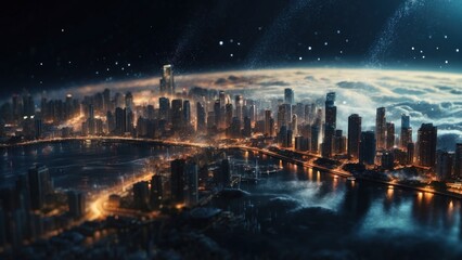 Drifting City in IT Technology Space Particles Background