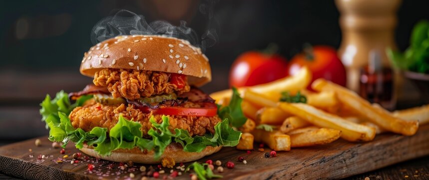 Burger with crispy chicken, lettuce, tomato, fries on a wood board. Burger with hot chicken, fresh salad, and fries on wood.