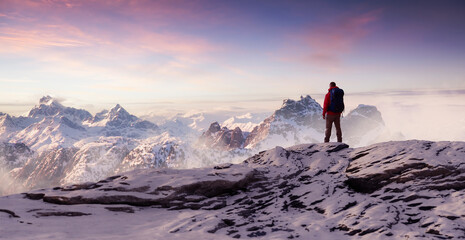 Adventurous Man Hiker on peak. Snowy mountain view. Adventure Composite. 3d Rendering. Aerial Image...