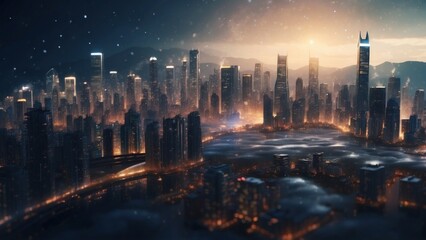 Obraz premium Drifting City in IT Technology Space Particles Background