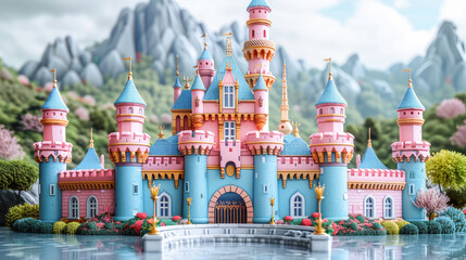 Castle kingdom concept fantasy 3d render isolated white background. AI generative