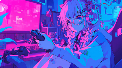 cute anime girl seriously playing game