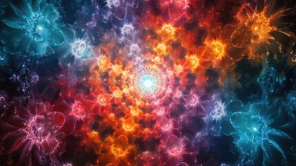 Holographic kaleidoscopic geometric hypnotic background in bright neon psychedelic acidic hues.Generative AI - obrazy, fototapety, plakaty