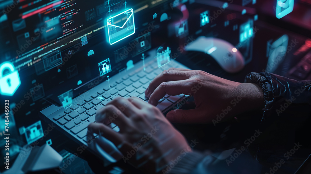 Wall mural hands on keyboard, digital information flowing around. cyber security and data information safety. e