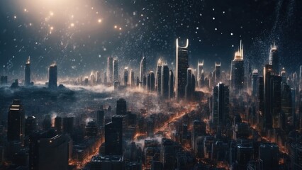 Drifting City in IT Technology Space Particles Background