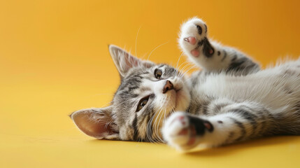 Cute cat lying on back with paws up on colored background.Generative AI