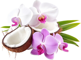 coconut with orchid flower isolated on white or transparent background,transparency 