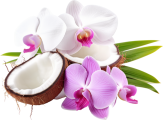 coconut with orchid flower isolated on white or transparent background,transparency 