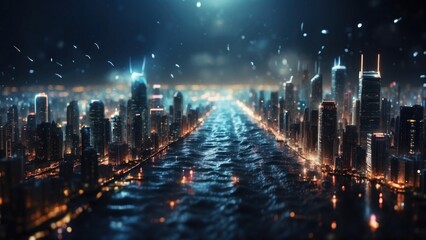 Drifting City in IT Technology Space Particles Background