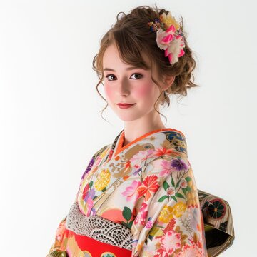 Pretty Young Woman in a Japanese Furisode Kimono, Adorned with Intricate Designs and Rich Colors, Styled with Soft Makeup to Showcase Her Clear, Dewy Skin and Subtle Blush. photo on white isolated bac
