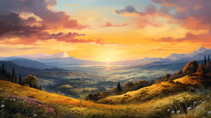 Naklejka na ściany i meble A dreamy watercolor scene capturing the breathtaking colors of a sunset over rolling hills.