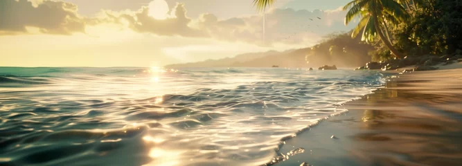 Foto op Aluminium Beautiful tropical island sunset ocean beach with waves. Holiday banner landscape concept. Generative AI © Creation    Art