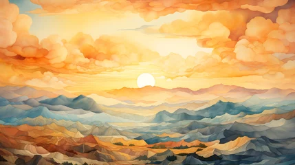 Fototapeten A layered mountain landscape under a surreal, vibrant sunset sky. Watercolor illustration painting. © NaphakStudio