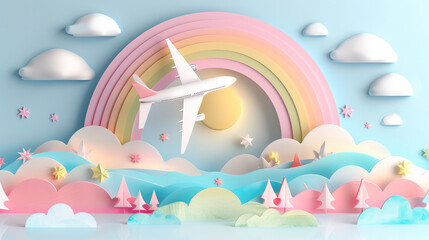 Fototapeta premium Colorful paper cut airplanes flying above the clouds and rainbow colored mountains with a blue sky background.AI