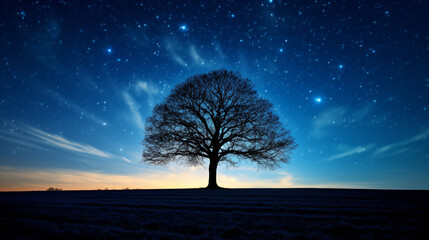 A lonely tree silhouette against a vast starry night sky, in an open field. - Powered by Adobe