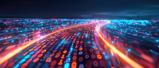 Streaming binary data moving on a digital road - 3d illustration.Generative AI