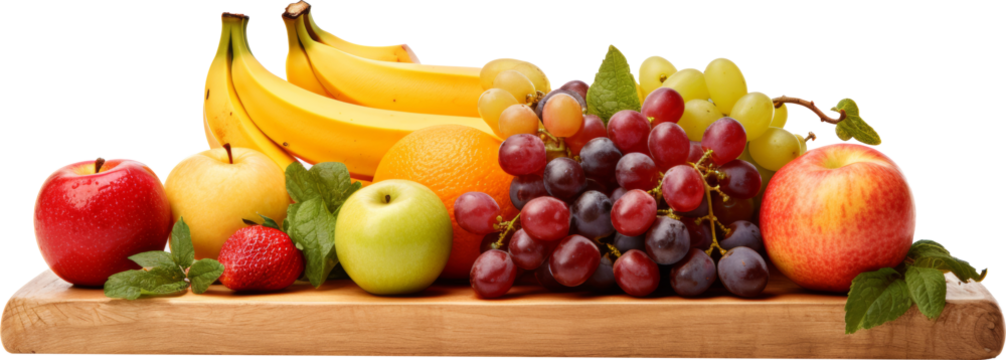 mixed fruit on long wooden board isolated on white or transparent background,transparency 