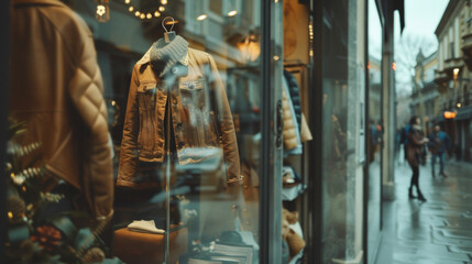 A stylish storefront featuring a window exhibit of a carefully curated outfit catching the attention of potential customers walking by. - obrazy, fototapety, plakaty