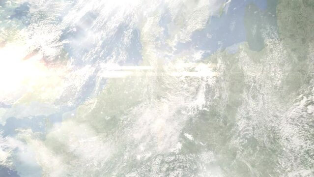 Earth zoom in from space and focus on Peine, Germany. 3D Animation. Satellite view. Background for travel intro. Images from NASA