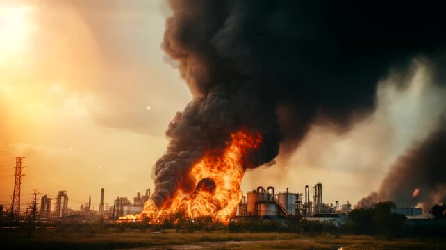 Factory scene on fire with smoke rising to the sky, 4k animated virtual repeating seamless	
