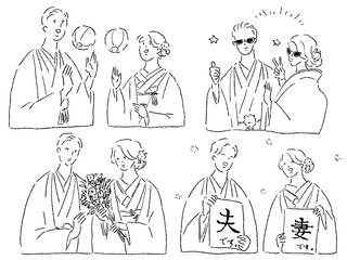 打掛を着た新婦と羽織袴の新郎、フォトウエディング、和装ウエディング、線画