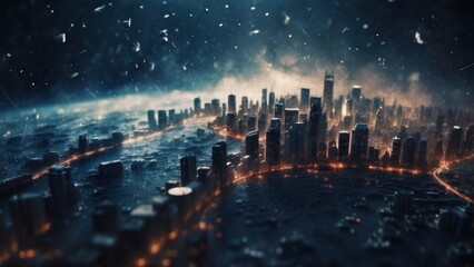 Drifting City in IT Technology Space Particles Background