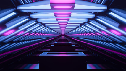 Abstract Cyberspace Tunnel With Fluorescence Lights Three-Dimensional Conceptual Scene.