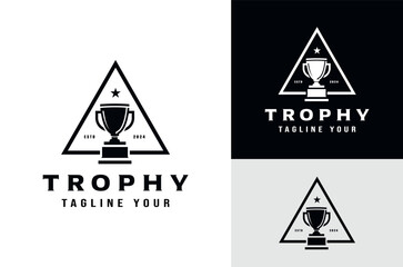 Championship Trophy with Simple Triangle Label Design behind Trophy, Winning Symbol Award Place icon on Dark and White Background