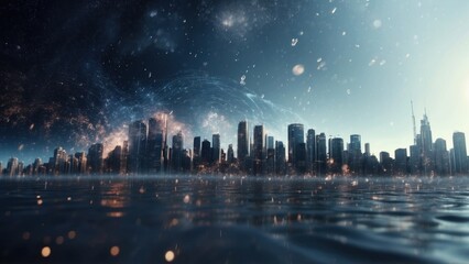 Drifting City in IT Technology Space Particles Background