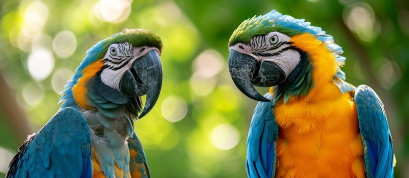 Vibrant and colorful parrots standing together in perfect symmetry on a tree branch