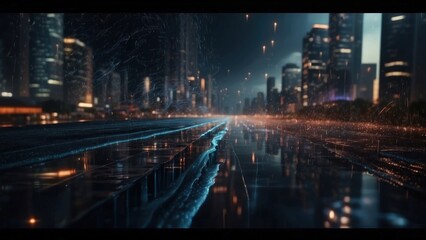 Fototapeta na wymiar Drifting City in IT Technology Space Particles Background