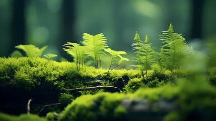 A stone covered with green moss in the forest