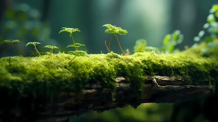 A stone covered with green moss in the forest