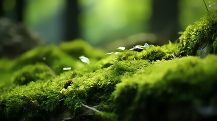 A stone covered with green moss in the forest