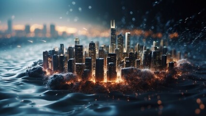 Drifting City in IT Technology Space Particles Background