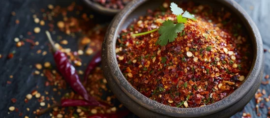 Crédence de cuisine en verre imprimé Piments forts Fiery red chili peppers in a vibrant bowl surrounded by various aromatic spices for cooking