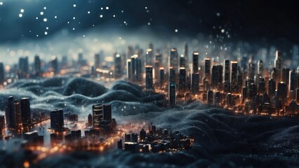 Fototapeta premium Drifting City in IT Technology Space Particles Background