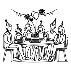 Fototapeta premium single continuous drawing black line family dinner sitting at table to celebration anniversary happy birthday party doodles vector