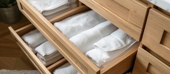Rustic wooden cabinet filled with neatly stacked towels in a bathroom setting