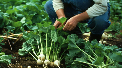 A farmer squats down carefully pruning away the leafy stems of a root vegetable to reveal plump white roots just below the surface.