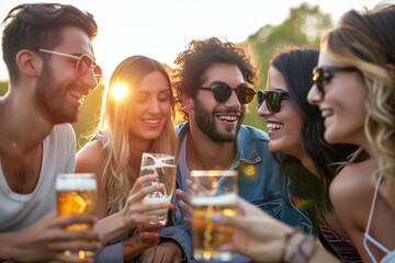 A close-knit group of friends share a cheerful toast with beers in hand, enjoying each other's company during a beautiful sunset