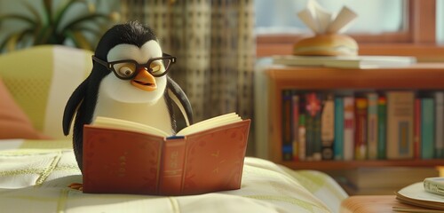A heartwarming HD image capturing the endearing sight of a bespectacled penguin engrossed in a book.