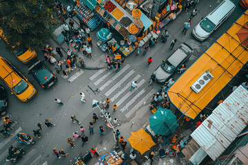 Birds-eye view capturing the energy of a busy city street intersecting with a vibrant market, bustling with people and vehicles