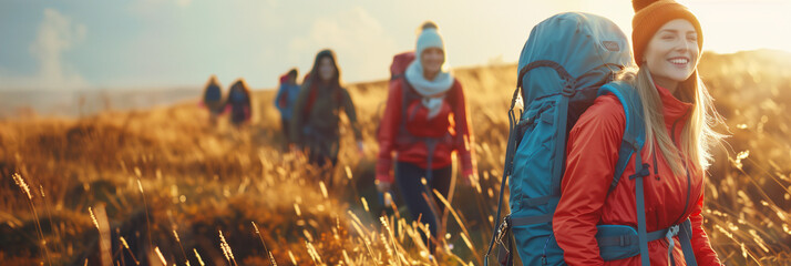 A line of hikers with backpacks trek through a golden field at sunset, enjoying the warmth of the evening light - obrazy, fototapety, plakaty