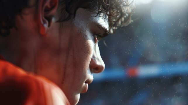 A close up of a players side profile their jawline set in determination as they navigate a difficult match with grit and resilience.