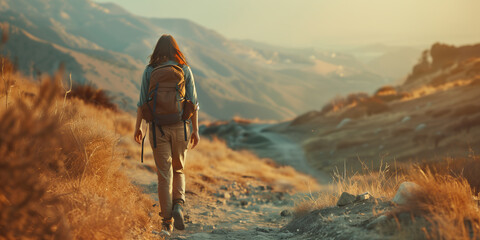 A lone female hiker walks on a trail through golden hills, with vast mountains ahead - obrazy, fototapety, plakaty