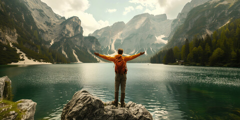 A traveler stands on a rocky outcrop, arms wide open, embracing the view of a stunning mountain lake